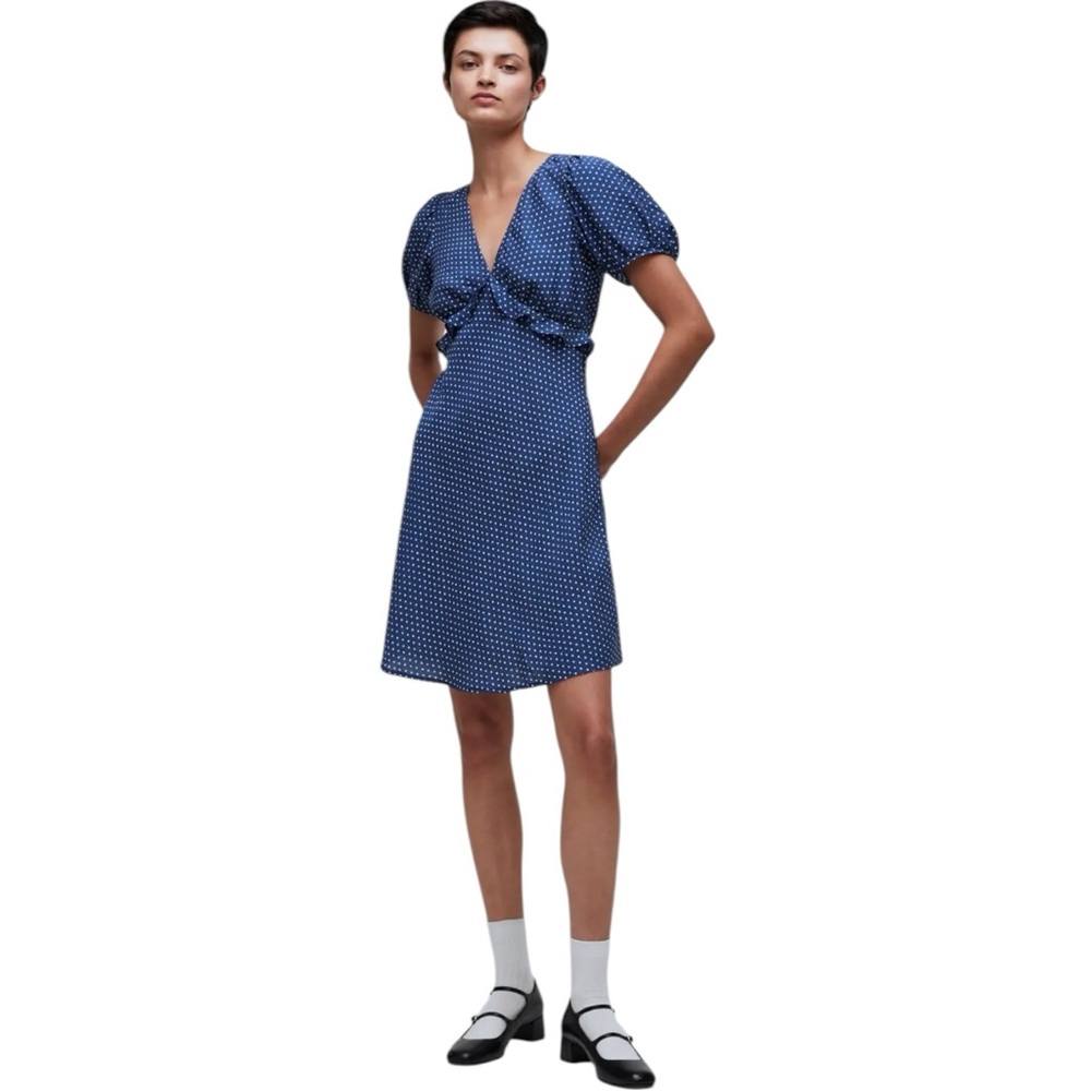 Madewell Navy Blue Polka Dot Puff Sleeve Ruffle Mini Dress size 0